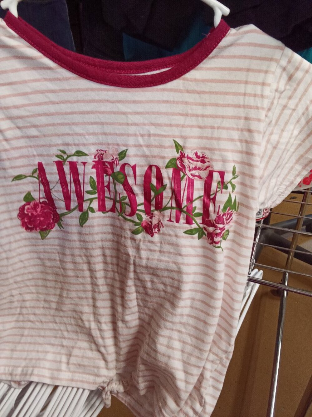 Pink Velvet Girls' Striped T-Shirt with Floral Print Size 12